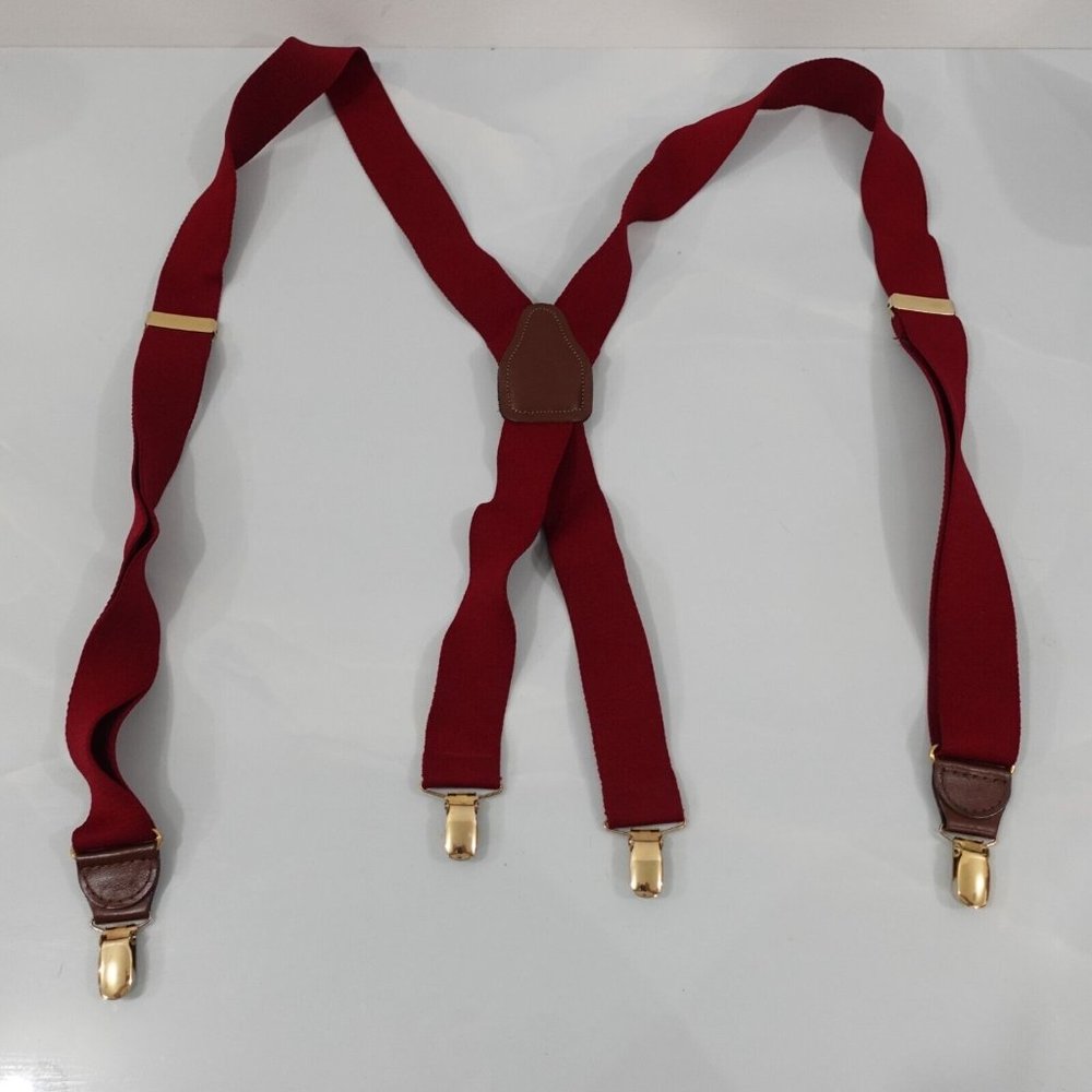 Suspender Mens Red‎ Clip On X Back Adjustable Stretch Burgundy Wine WEST GERMANY